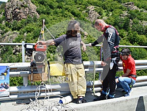 Bungee jumper getting ready for jump