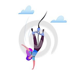 Bungee Jumping Concept. Brave Woman Jump with Rope from Great Height. Extreme Sports Activity, Fun, Risky Recreation