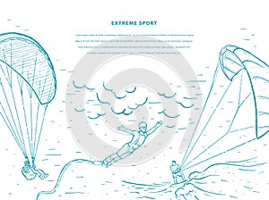 Bungee jumping, kite surfing, free fall, paraglider, skydivers. Extreme sports sketch vector template