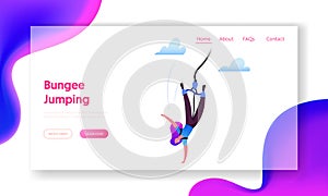 Bungee Jumping Landing Page Template. Brave Female Character Jump with Rope from Great Height. Extreme Activity, Fun