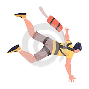 Bungee Jumping with Man Character Free Falling Down from Great Height Connected to Elastic Cord Vector Illustration