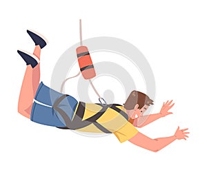 Bungee Jumping with Man Character Free Falling Down from Great Height Connected to Elastic Cord Vector Illustration