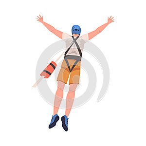 Bungee Jumping with Man Character Free Falling Down from Great Height Connected to Elastic Cord Vector Illustration