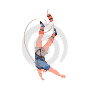 Bungee Jumping with Man Character Free Falling Down from Great Height Connected to Elastic Cord Vector Illustration