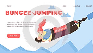 Bungee jumping website with couple making risky jump, flat vector illustration.