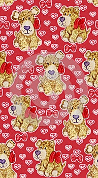 Watercolor dogie pattern. Red color on the background. Dogie with red bow and hearts. . Valentines pattern photo