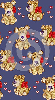 Watercolor dogie pattern. Blue color on the background. Dogie with red bow and hearts. . Valentines pattern photo