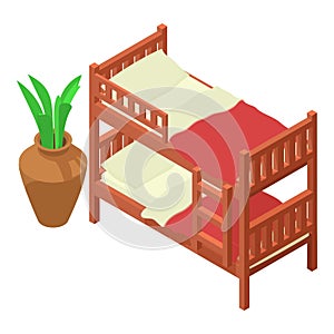 Bunk bed icon isometric vector. Two level bed with bedlinen and potted flower