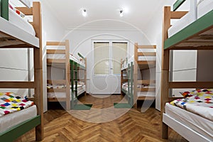 Bunk beds in a hostel room