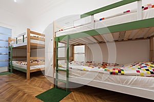 Bunk beds in a hostel room