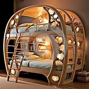 Fancy Wood Bunk Bed With Spherical Sculpture Style And Luminescent Color Scheme photo