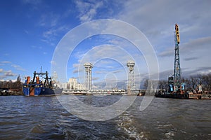 Bunk bridge and a port in Kaliningrad city, Russia