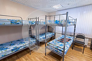 Bunk metal beds in hostel room