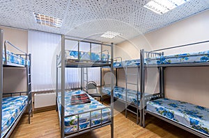 Bunk metal beds in hostel room
