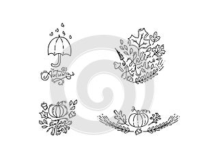 Bunlde set of vector illustration monoline calligraphy autumn phrases. Hand drawn autumnal elements pumpkin, umbrella and leaves