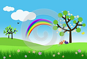 Bunnies, blossom trees and rainbow