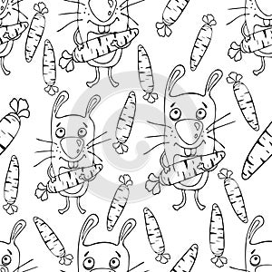 Bunnies cartoon seamless pattern, coloring book, sketch, hand drawing, vector background. Funny painted rabbit with a carrot in th