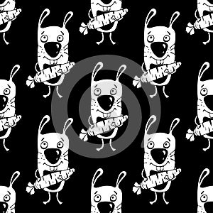 Bunnies cartoon seamless pattern, hand drawing, vector monochrome background. Funny painted white rabbit with a carrot in the paws