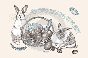 Bunnies and Easter eggs basket. Birds Feathers. Engraved vintage style. Greeting card. Line art ester rabbit Decoration
