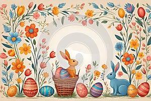 Bunnies, Easter eggs, flowers and basket
