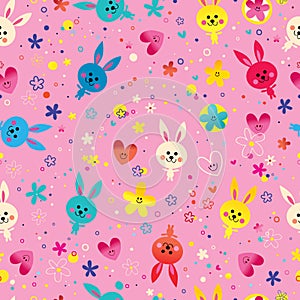 Bunnies hearts and flowers seamless pattern