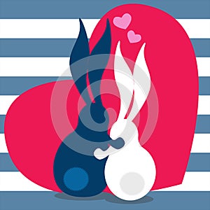 Bunnies in love, Happy Valentines Day concept. Two rabbits with red heart symbol. Creative illustration