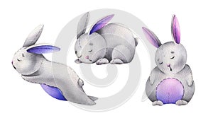 Bunnies sewn from fabric in gray, pink and purple with stitches of thread sits sleeping. Hand drawn watercolor