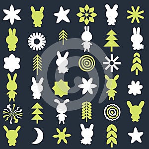 Bunnies, snowflakes and Christmas trees collection in modern y2k style. Trendy print for tee, textile and fabric. Vector