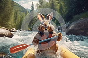 Bunny adventuring the river rapids. Generative AI image. photo