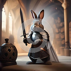 A bunny as a medieval knight, wielding a tiny sword and wearing armor1 photo