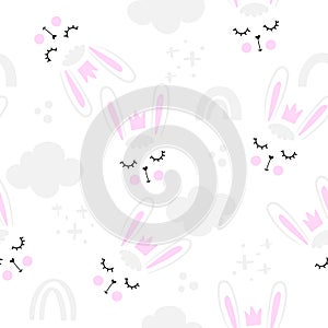 Bunny baby rabbit pattern design with bunny heads and cludy sky