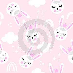 Bunny baby rabbit pattern design with bunny heads and cludy sky