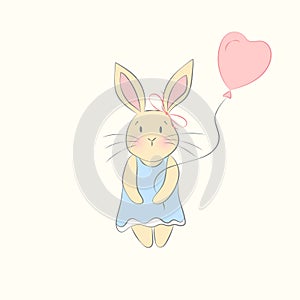 Bunny with a Balloon Happy Easter or Valentine`s Day or Happy Birthday Greeting Card