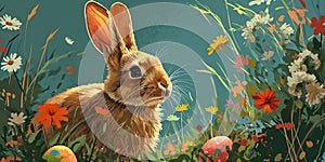 Bunny Bliss: A Whimsical Easter Poster of a Rabbit Among Wildflo