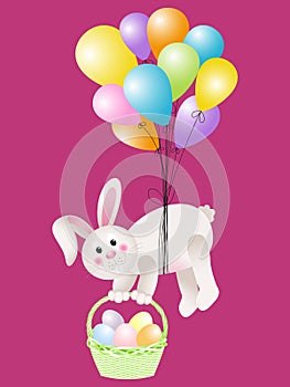 Bunny carrying basket Easter eggs flying with balloons
