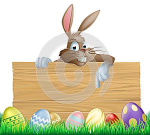 Bunny character pointing and Easter eggs