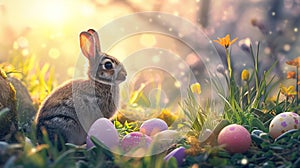 bunny with colored easter eggs, flowers and blurred background with copyspace