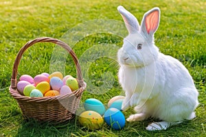 bunny and colorful Easter eggs in basket on green grass