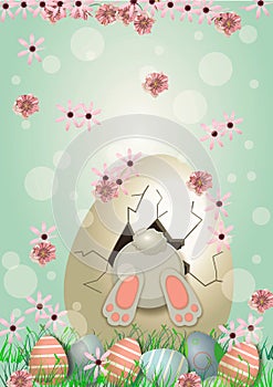 Bunny With Decorated Eggs . Spring And Easter Background