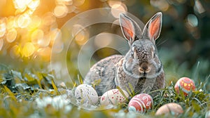 Bunny and Decorated Eggs on Sunny Meadow - Spring and Easter Background