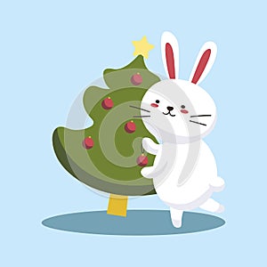 Bunny decorating christmas tree isolated. Merry Christmas and Happy New Year. Winter character with decorations. Cute