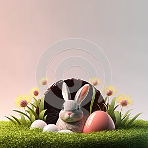 bunny and decorative eggs on green grass and flowers for easter celebration background card with copy space