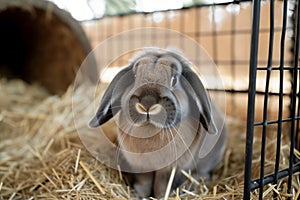 bunny with droopy ears sitting quietly in a strawfilled cage