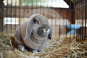 bunny with droopy ears sitting quietly in a strawfilled cage