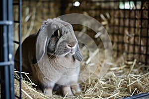 bunny with droopy ears sitting quietly in a strawfilled cage