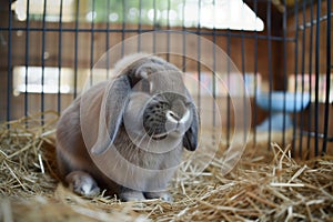 bunny with droopy ears sitting quietly in a strawfilled cage photo