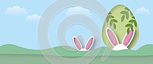 Bunny ears with clouds and egg on blue sky background, Holiday illustration for greeting card of Easterâ€™s Day.
