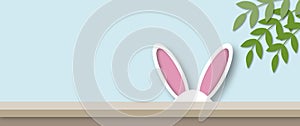 Bunny ears with leaf and table on pastel background, Holiday illustration for greeting card of Easterâ€™s Day.