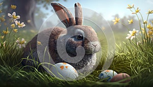 Bunny With Easter Eggs, Flowers And Green Grass - Generative AI