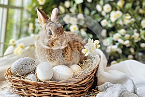 Bunny Easter rabbit with eggs in basket